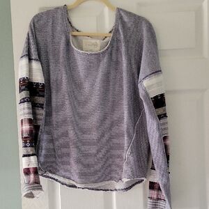 We The Free Black and White Striped Sweatshirt with Patterned Sleeves